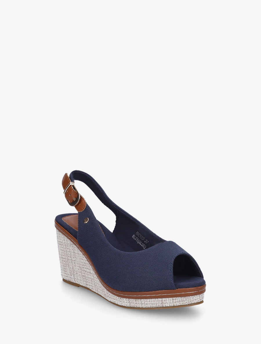 Sandales compensées peep toe en tissu - Marine - 2