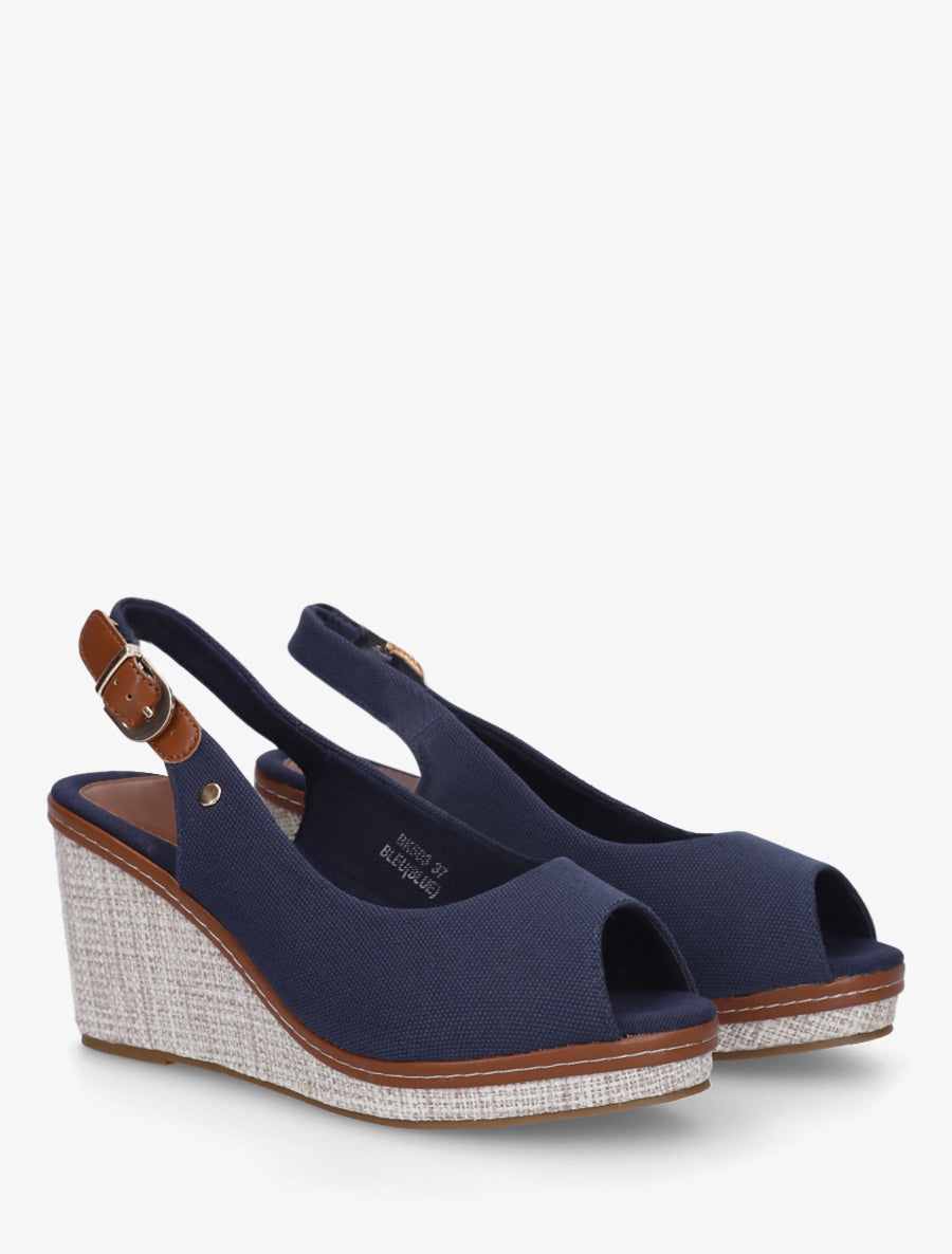 Sandales compensées peep toe en tissu - Marine - 4