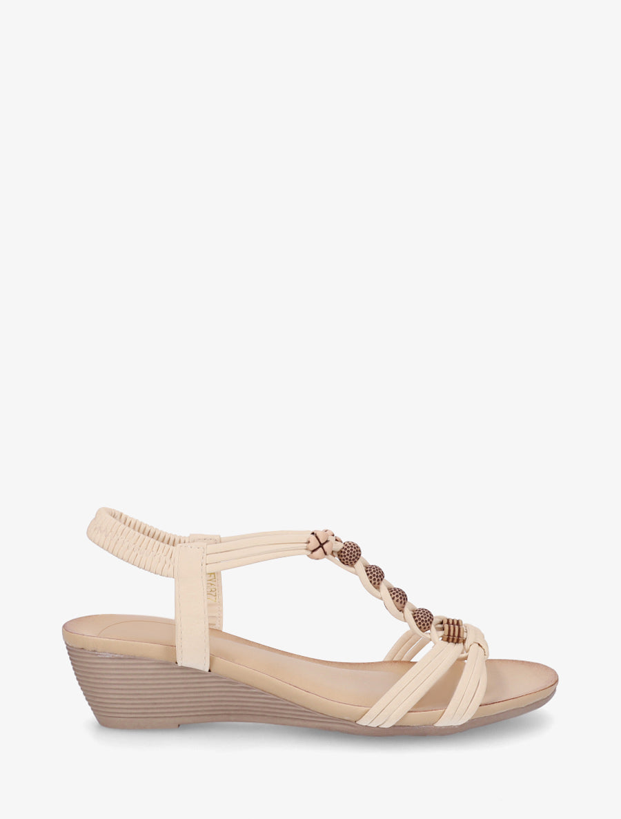 Sandales compensées à perles rondes et motif trèfle - Beige - 1