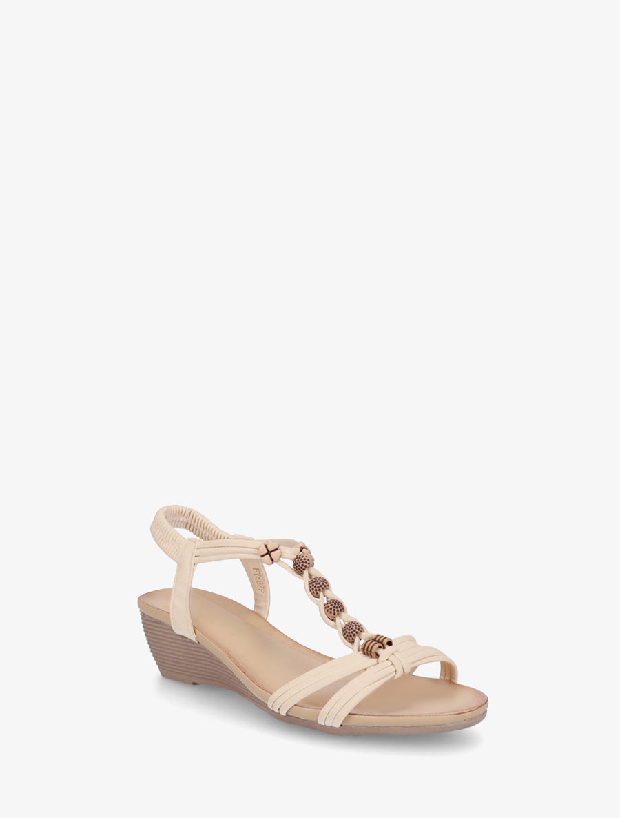 Sandales compensées à perles rondes et motif trèfle - Beige - 2