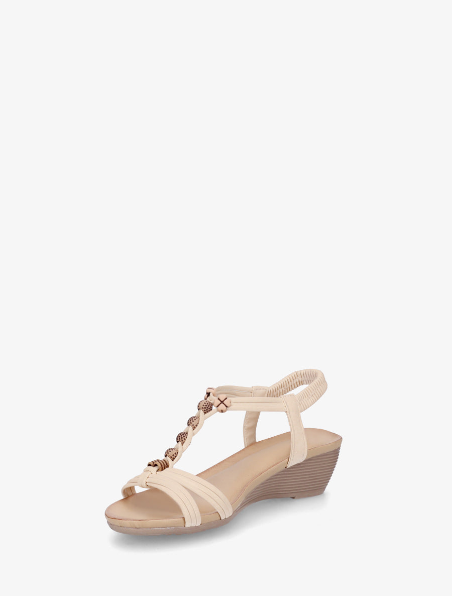 Sandales compensées à perles rondes et motif trèfle - Beige - 3