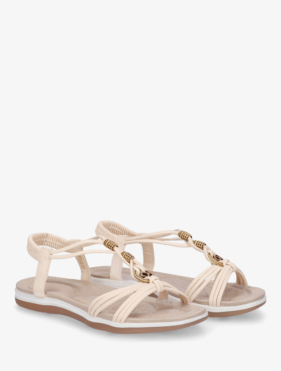 Sandales à perles en bois et cheville élastiquée - Beige - 4