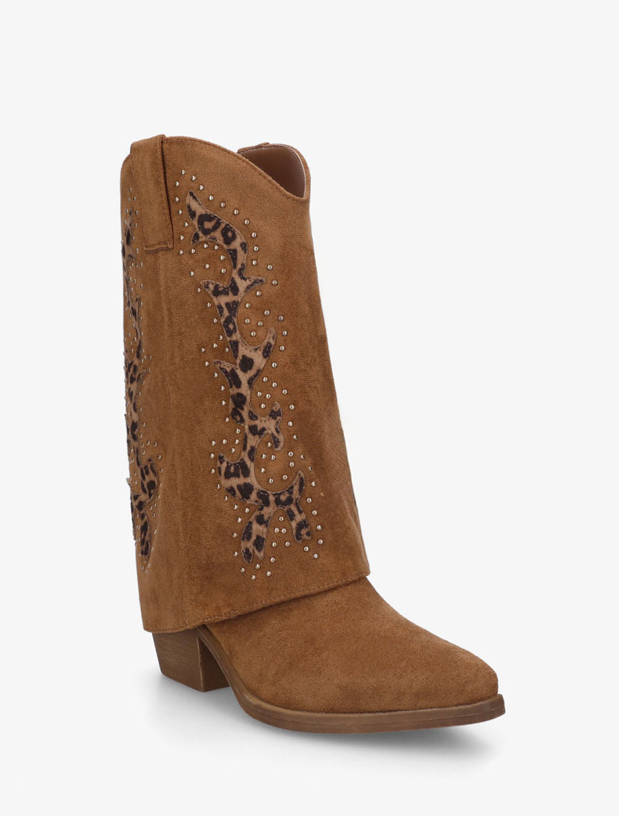 Bottes cloutées style santiag en suédine - Camel - 2