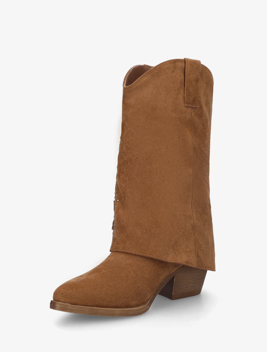 Bottes cloutées style santiag en suédine - Camel - 3