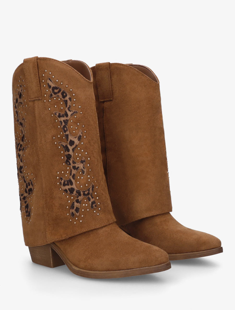 Bottes cloutées style santiag en suédine - Camel - 4