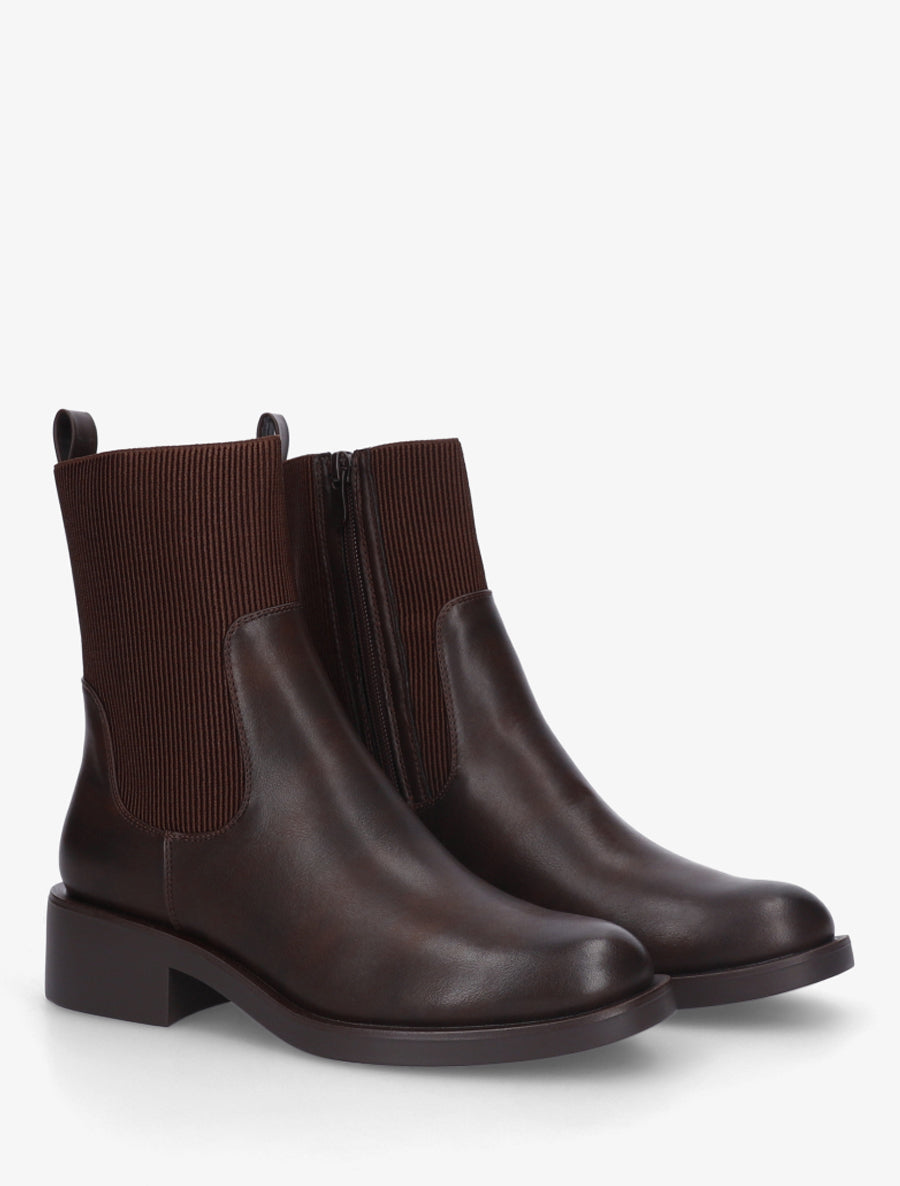 Bottines en simili et tissu côtelé - Marron - 4