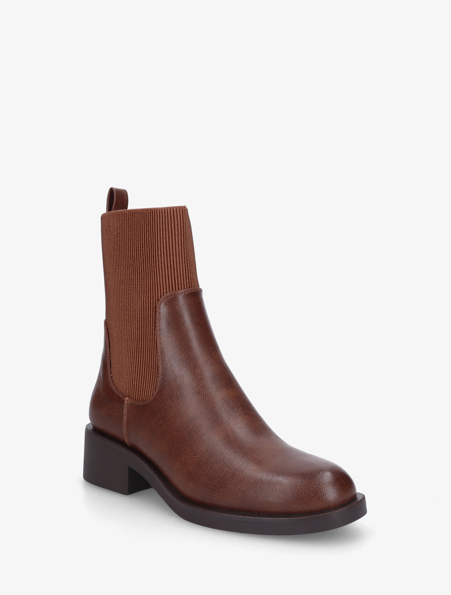 Bottines en simili et tissu côtelé - Camel - 2