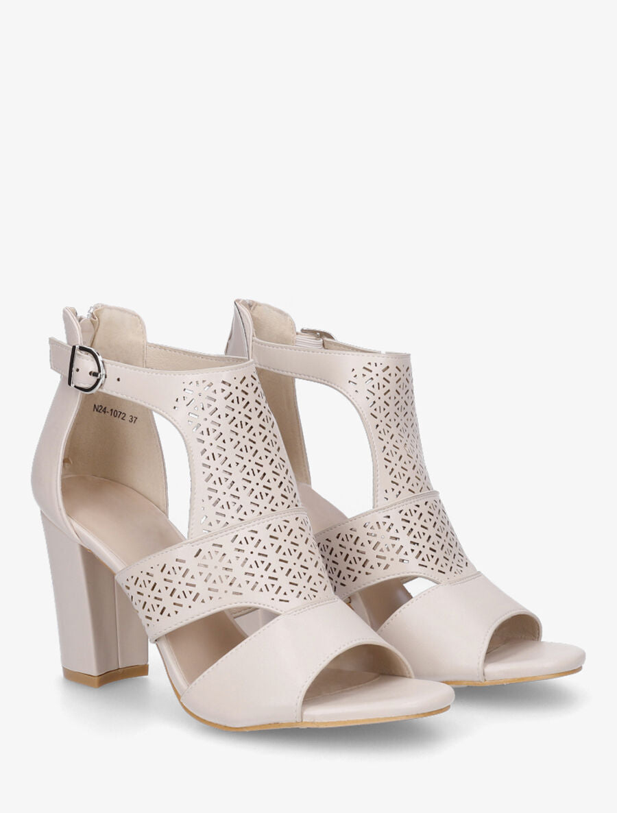 Sandales à talon et bride ajourée en simili - Beige - 4