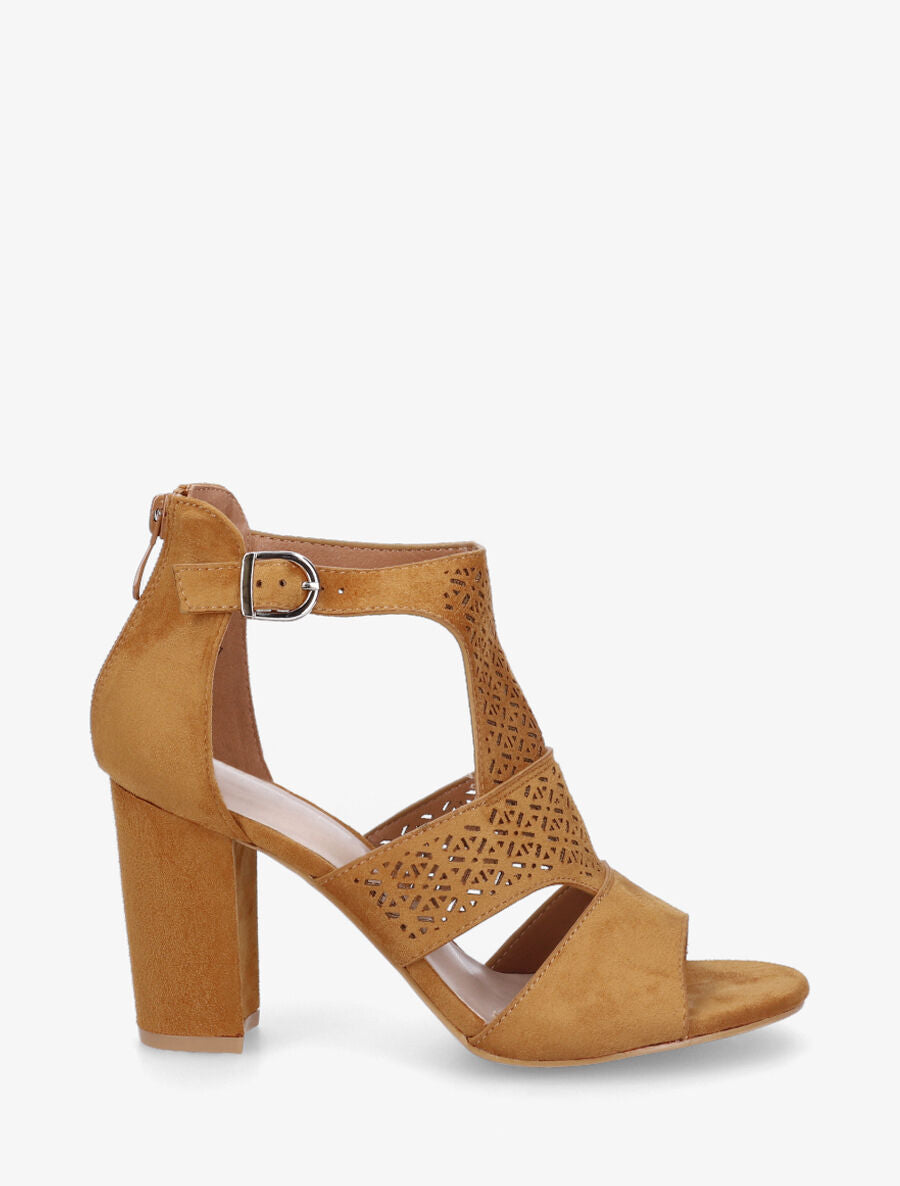 Sandales à talon et bride ajourée en suédine - Camel - 1