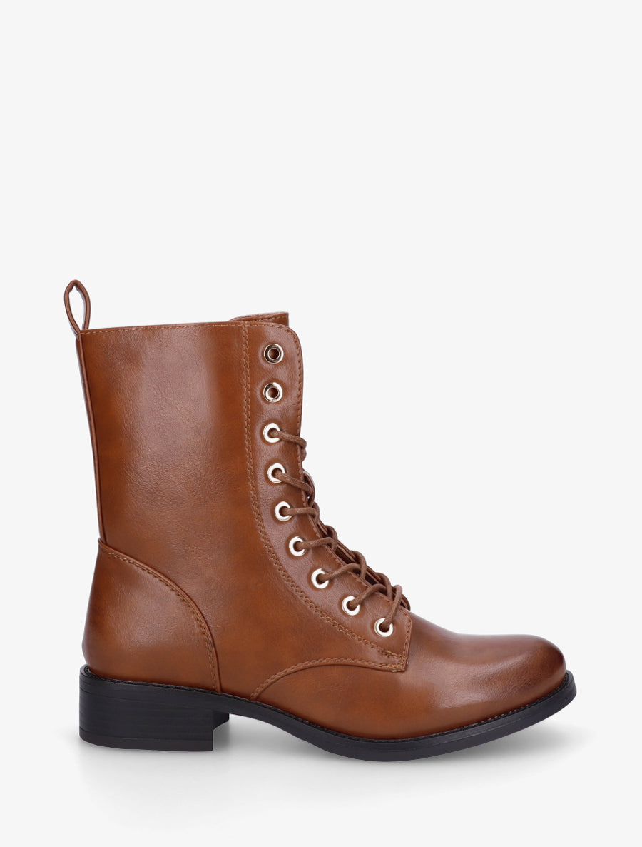Bottines montantes à lacets en simili - Camel - 1