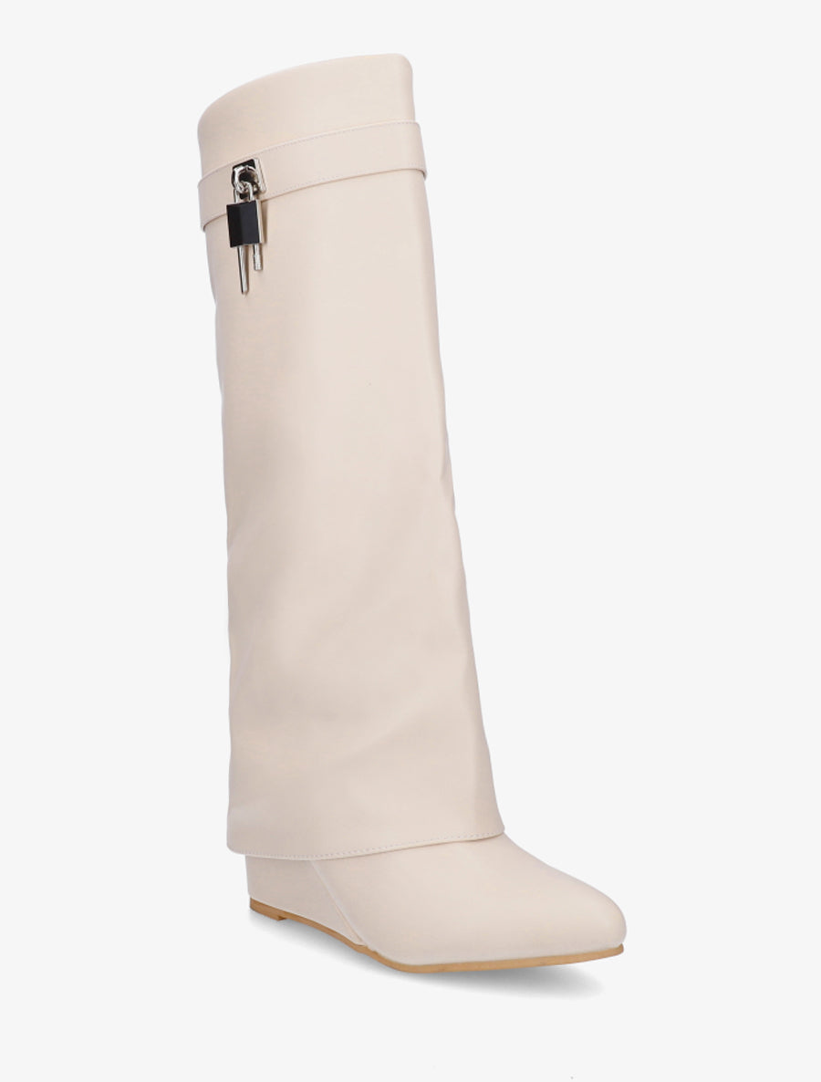Bottes à talon compensé et revers - Beige - 2
