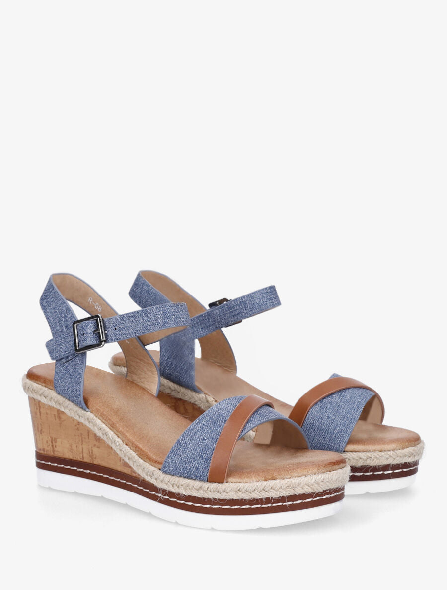 Sandales compensées à semelle effet bois - Bleu - 4