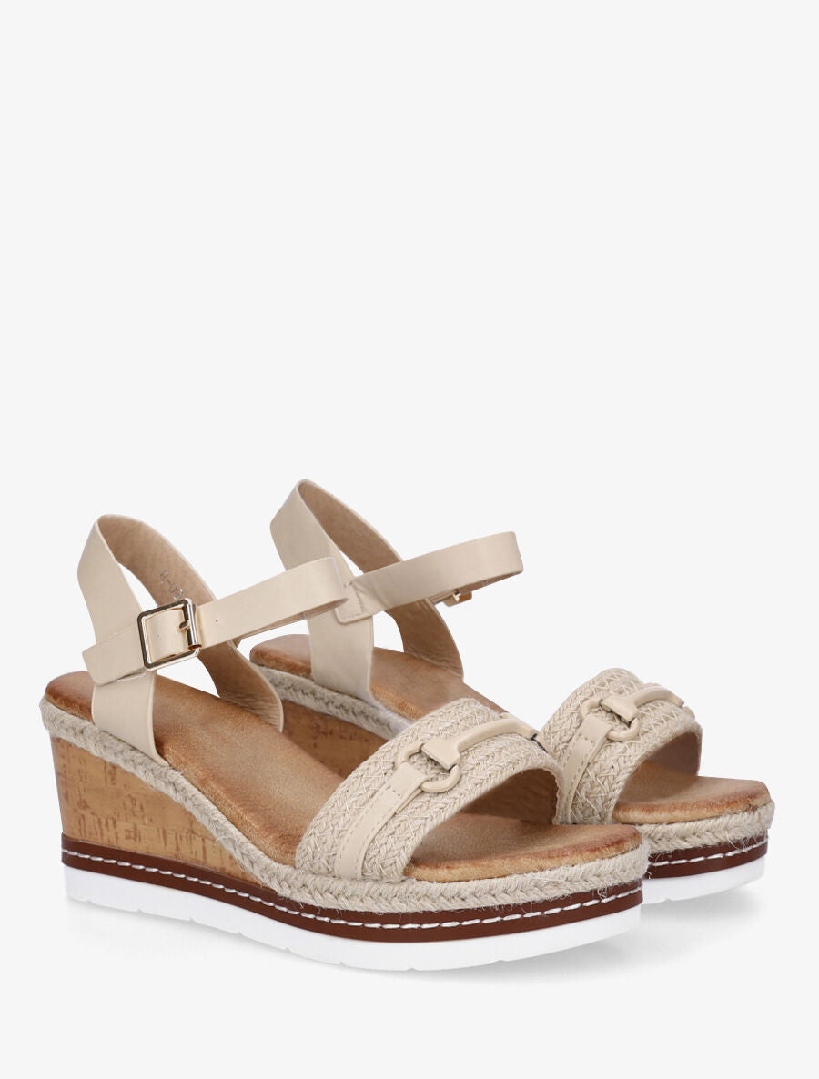 Sandales compensées à bride et tresse en raphia - Beige - 5