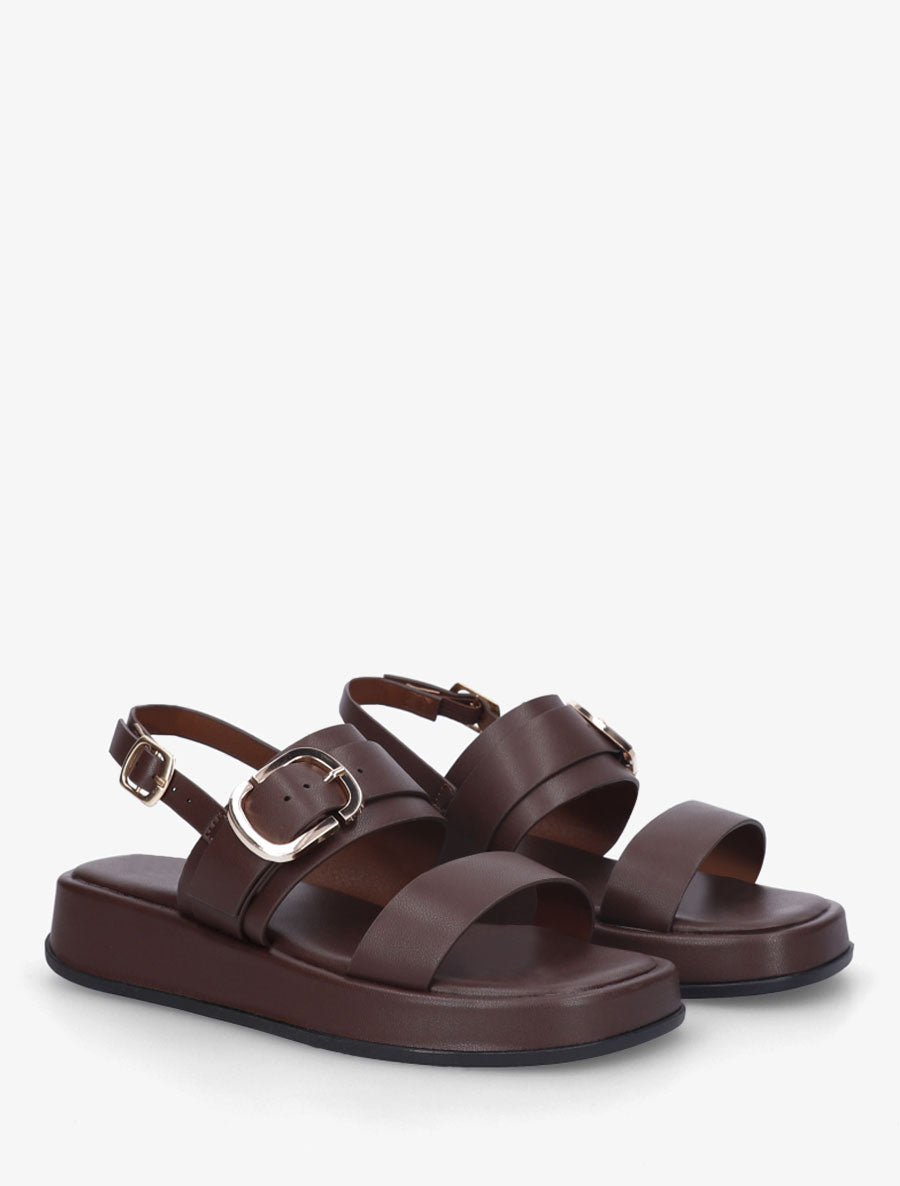 Nu-pieds uni en simili à double boucles - Marron - 4