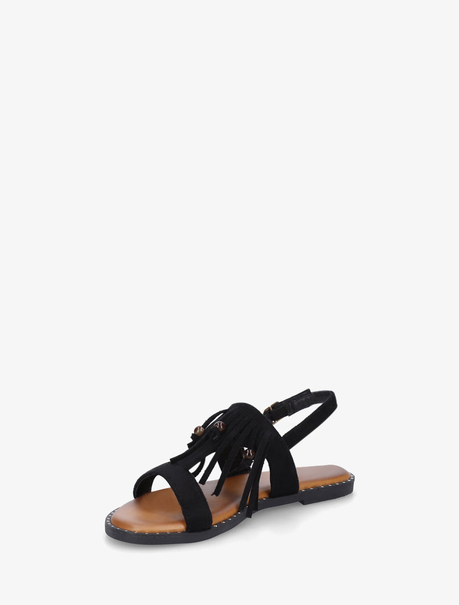 Nu-pieds en suédine à franges et perles - Noir - 3