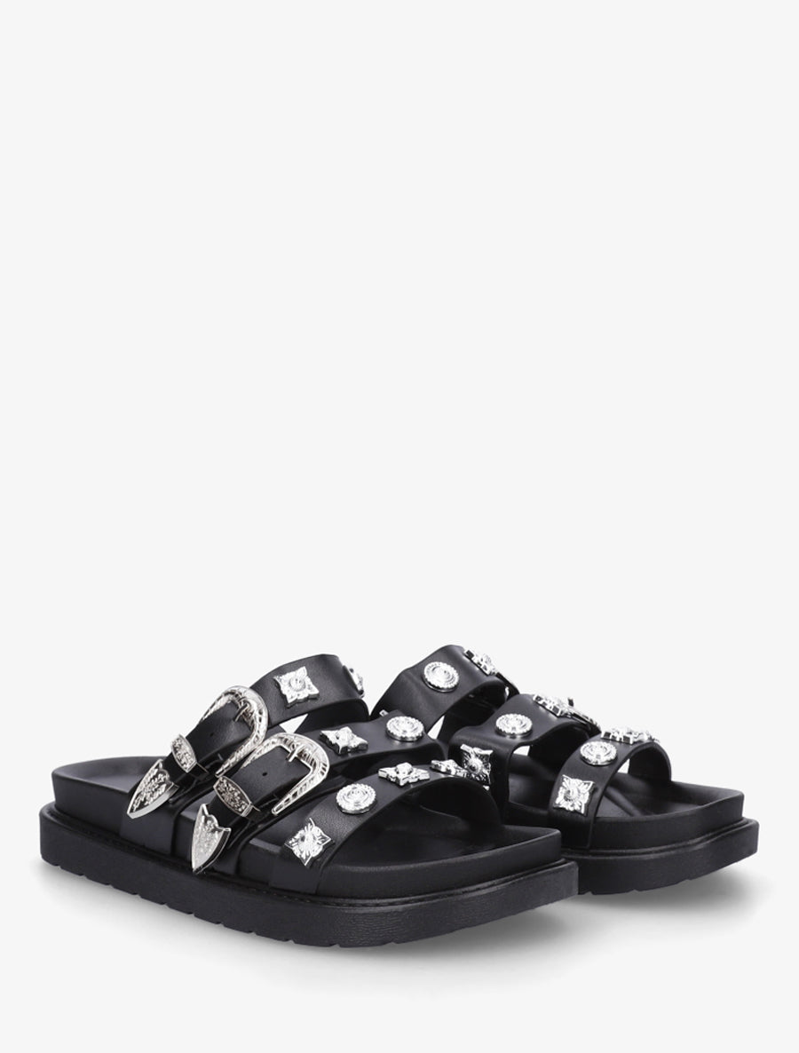 Claquettes en simili à clous fantaisies - Noir - 4