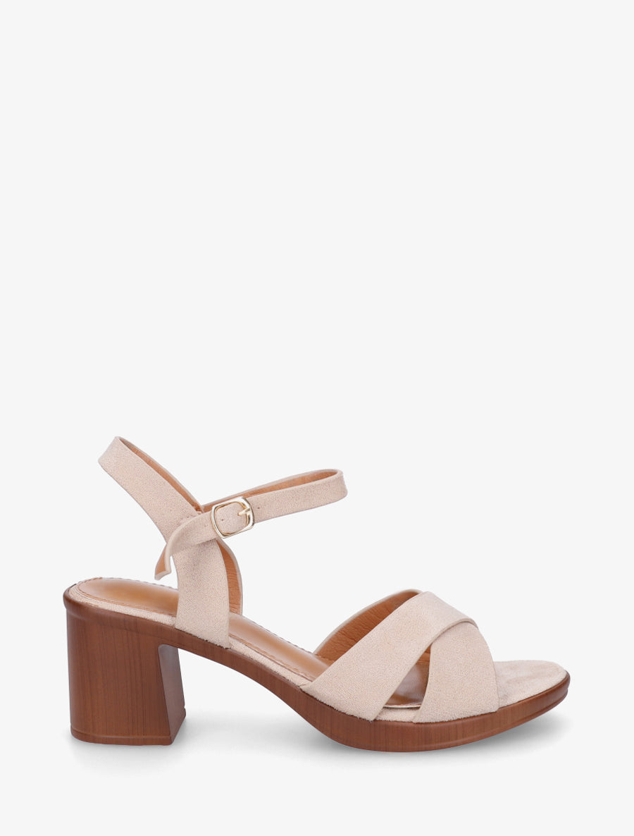 Sandales croisées en suédine à talon carré - Beige - 1