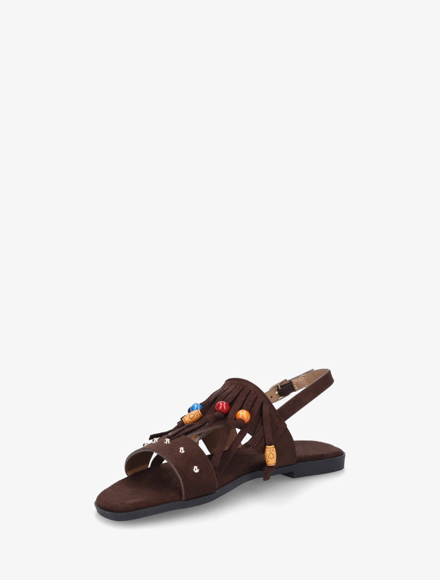 Sandales en suédine à franges et perles de bois - Marron - 3