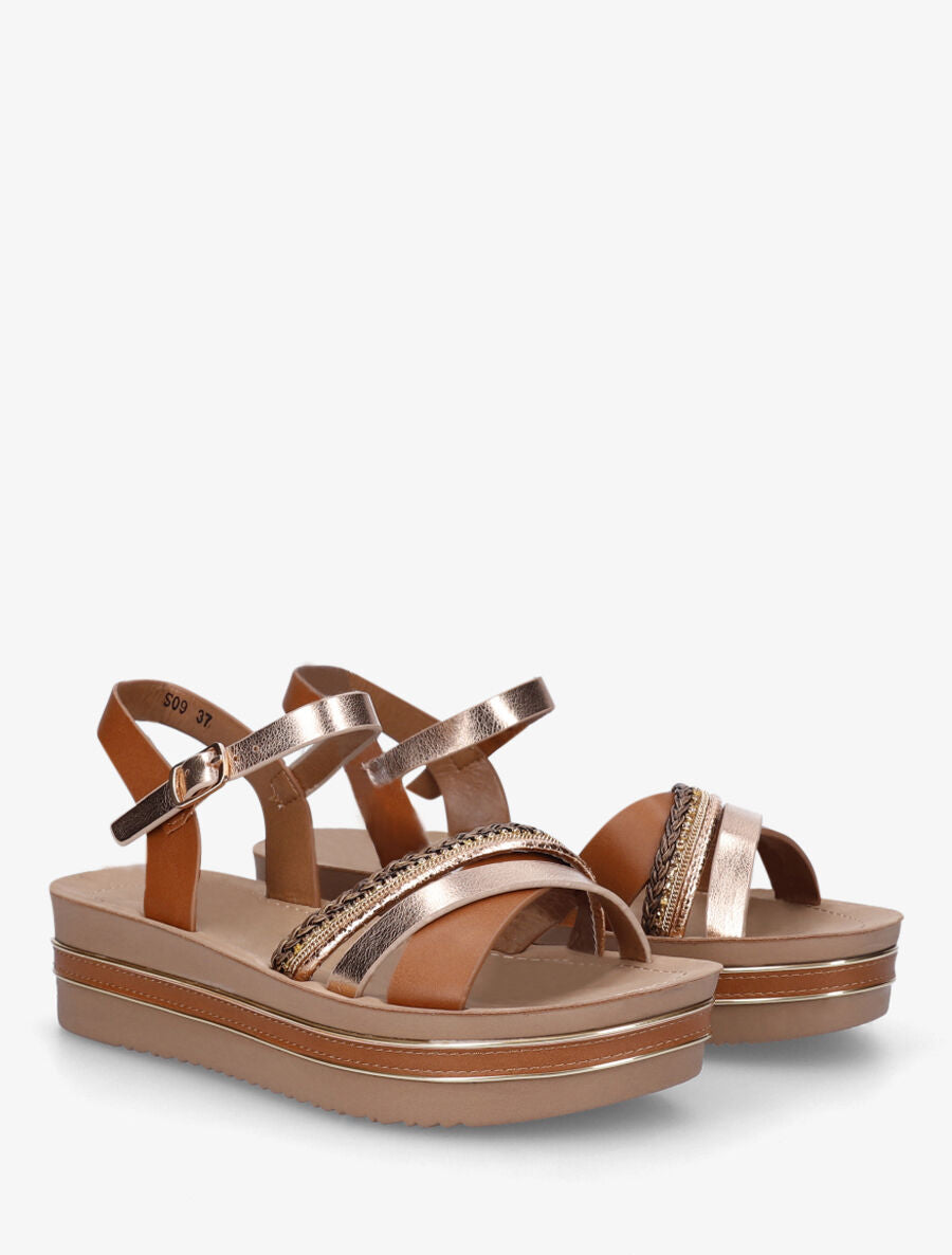 Sandales à plateforme et brides ornées de strass - Camel - 4