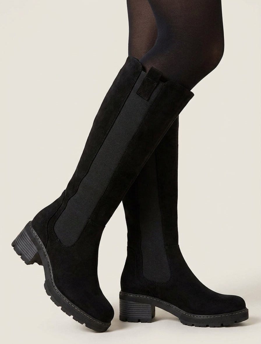Elastische Stiefel aus Wildleder mit runder Spitze - Schwarz