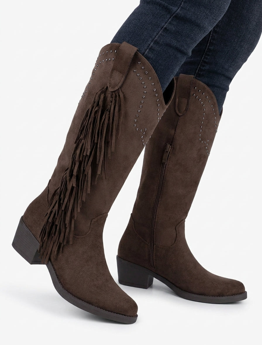 Stiefeletten aus Wildlederimitat mit Fransen und Nieten - Braun