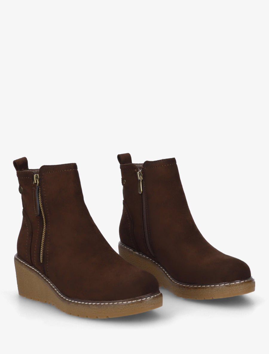 Bottines en suédine à talon semi-compensé et zip - Marron - 4