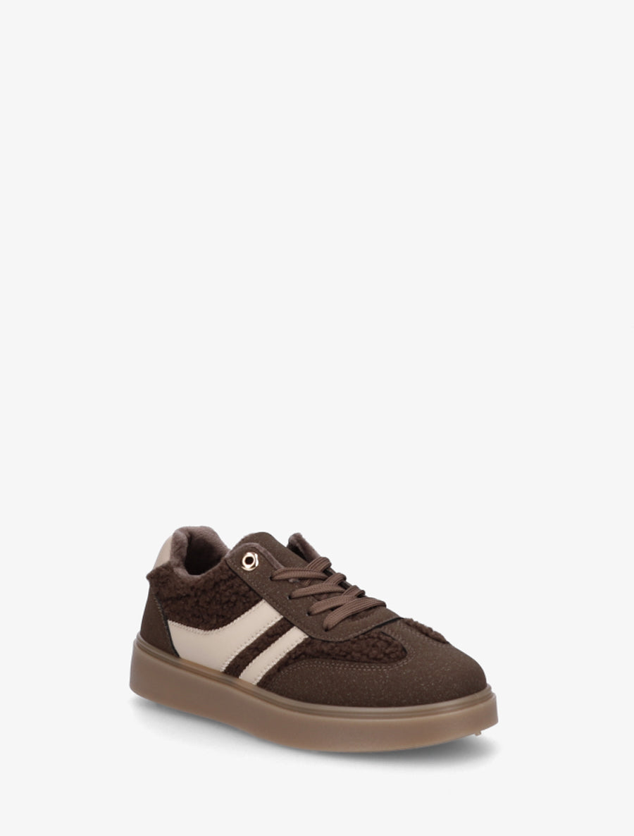 Baskets basses à empiècement effet laine bouclée - Marron - 2