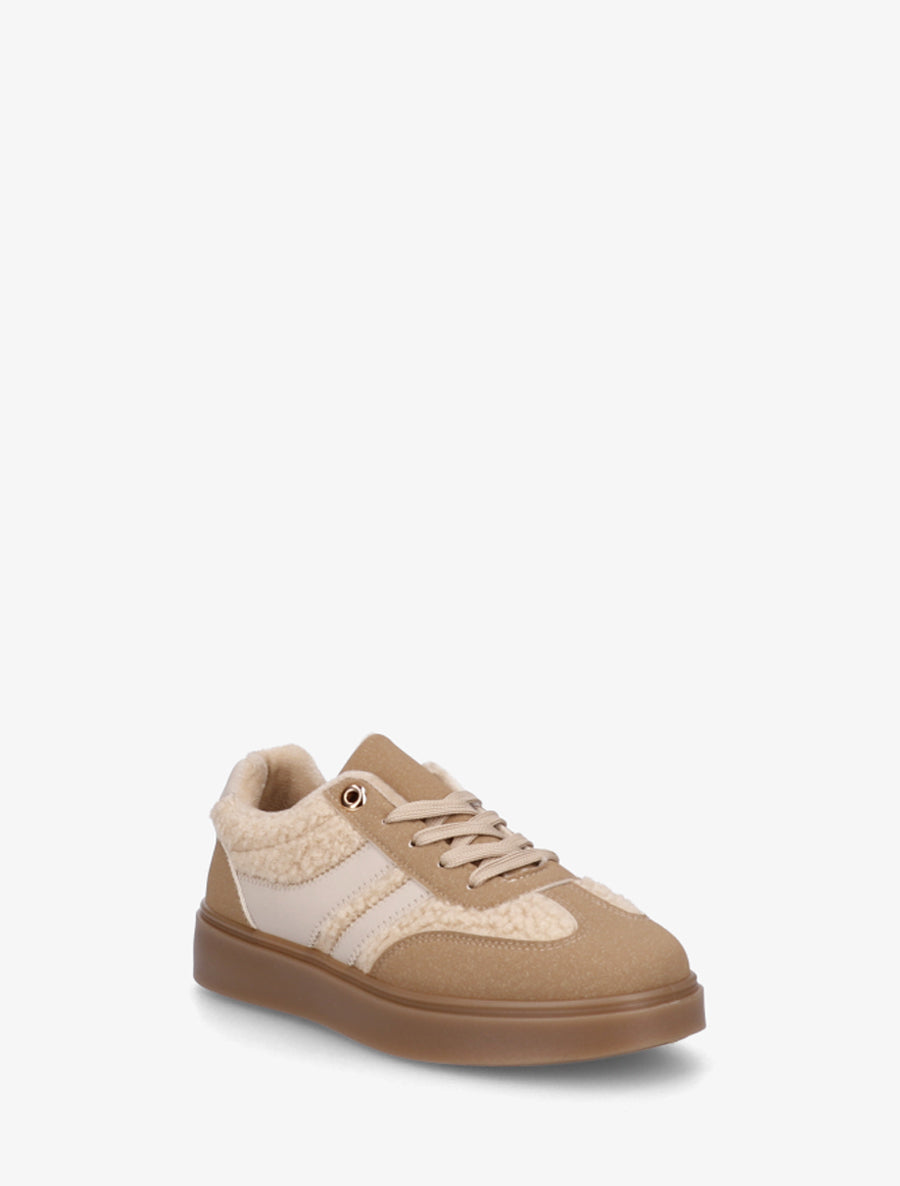 Baskets basses à empiècement effet laine bouclée - Taupe - 2