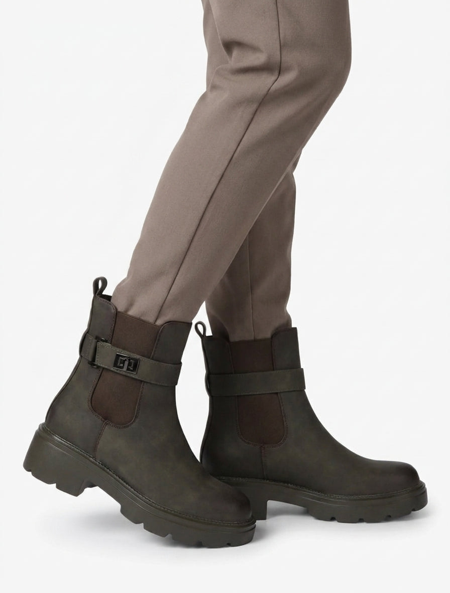 Elastische Stiefeletten mit dekorativer Schnalle - Kaki