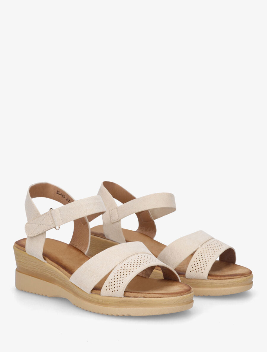 Sandales compensées en suédine à scratch - Beige - 4