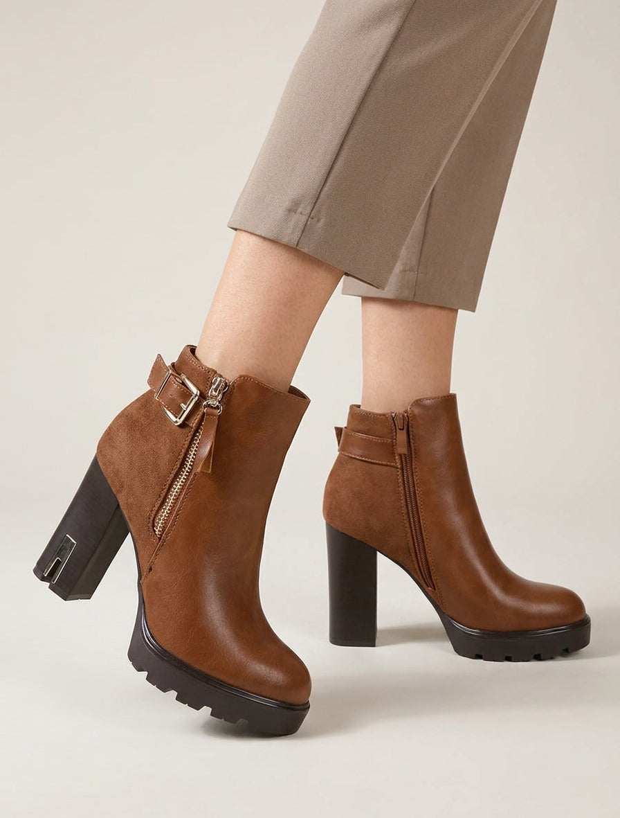 Stiefeletten mit zwei Materialien und dekorativem Reißverschluss - Kamel
