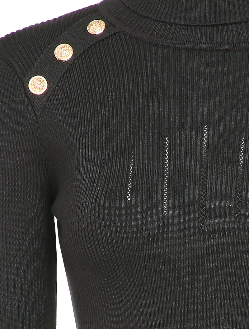 Pull côtelé à col roulé et boutons décoratifs - Noir - 3