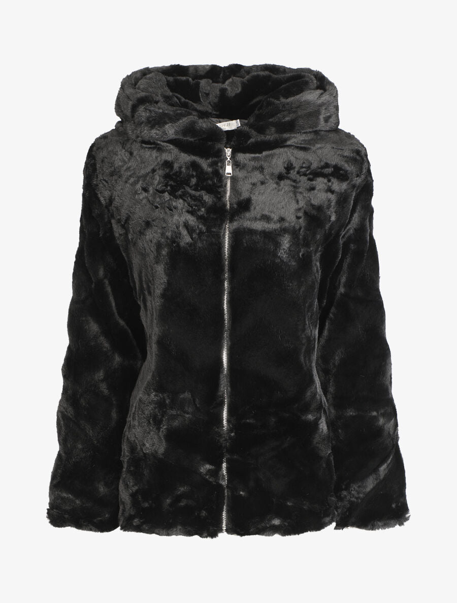 Manteau à capuche en fourrure synthétique - Noir - 4