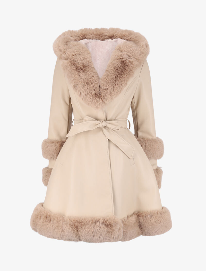 Manteau en simili à capuche et fausse fourrure - Beige - 1