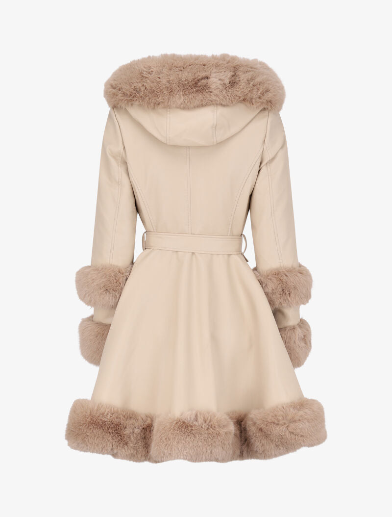 Manteau en simili à capuche et fausse fourrure - Beige - 2
