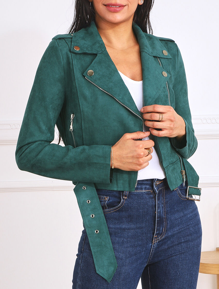 Veste courte en suédine style perfecto - Bleu canard - 4