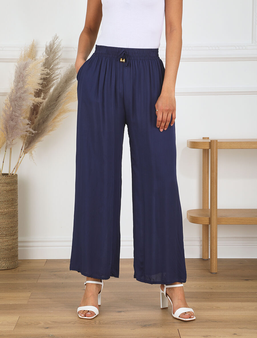 Pantalon fluide coupe droite taille haute - Marine - 4