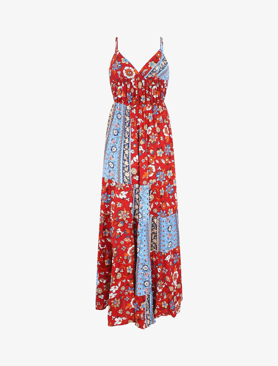 Robe longue imprimé floral style patchwork - Rouge - 2
