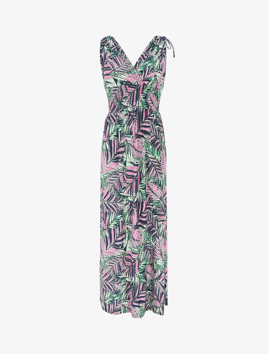 Robe longue élastiquée imprimé feuilles tropicales - Rose - 1