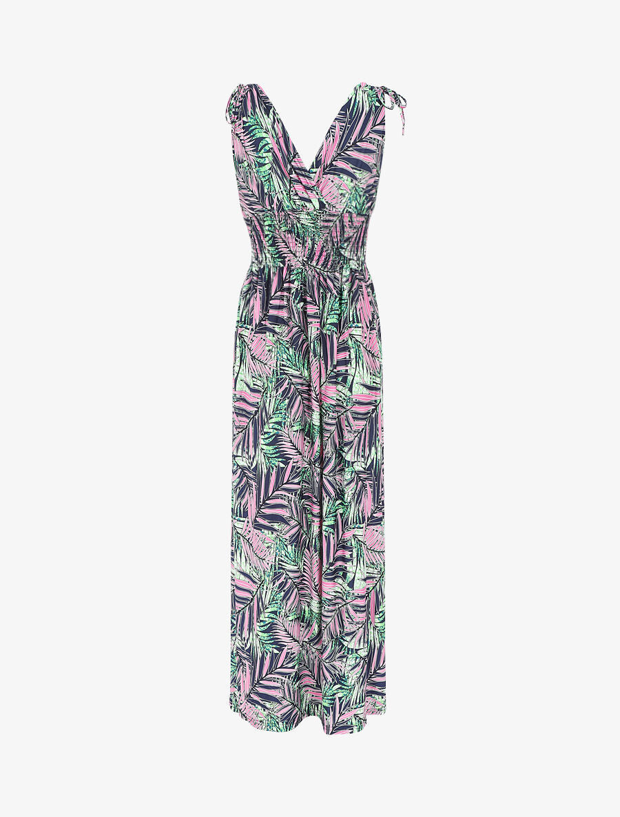 Robe longue élastiquée imprimé feuilles tropicales - Rose - 2