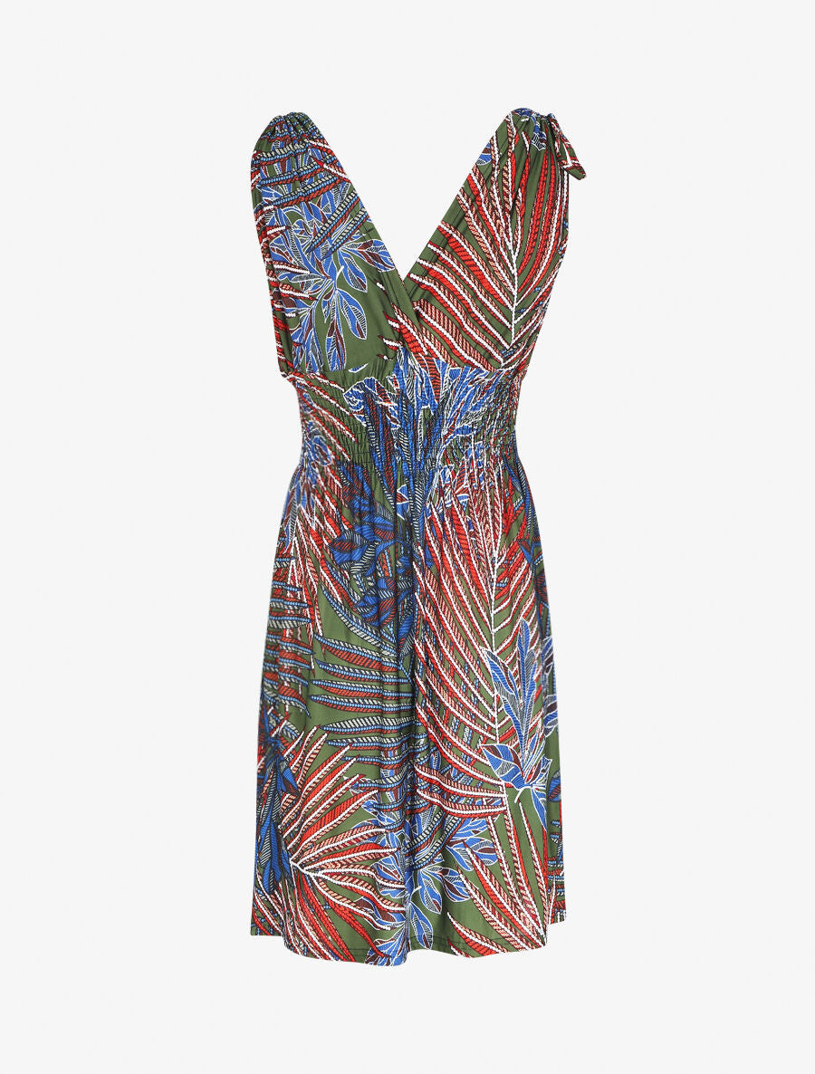 Robe mi-longue élastiquée imprimé feuilles exotiques - Kaki - 2