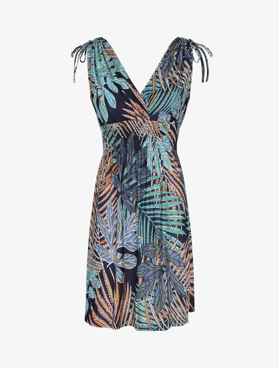 Robe mi-longue élastiquée imprimé feuilles exotiques - Marine - 1