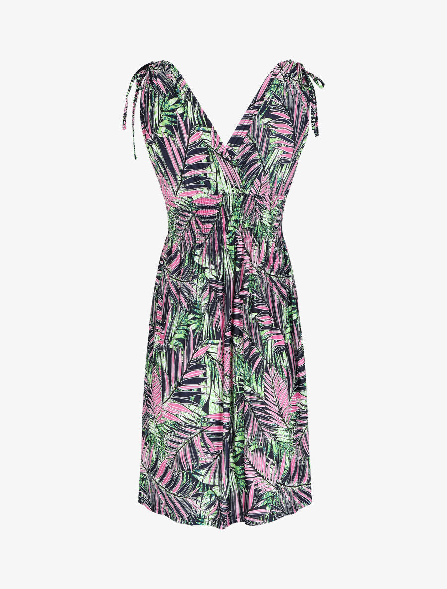 Robe mi-longue élastiquée imprimé feuilles tropicales - Rose - 2