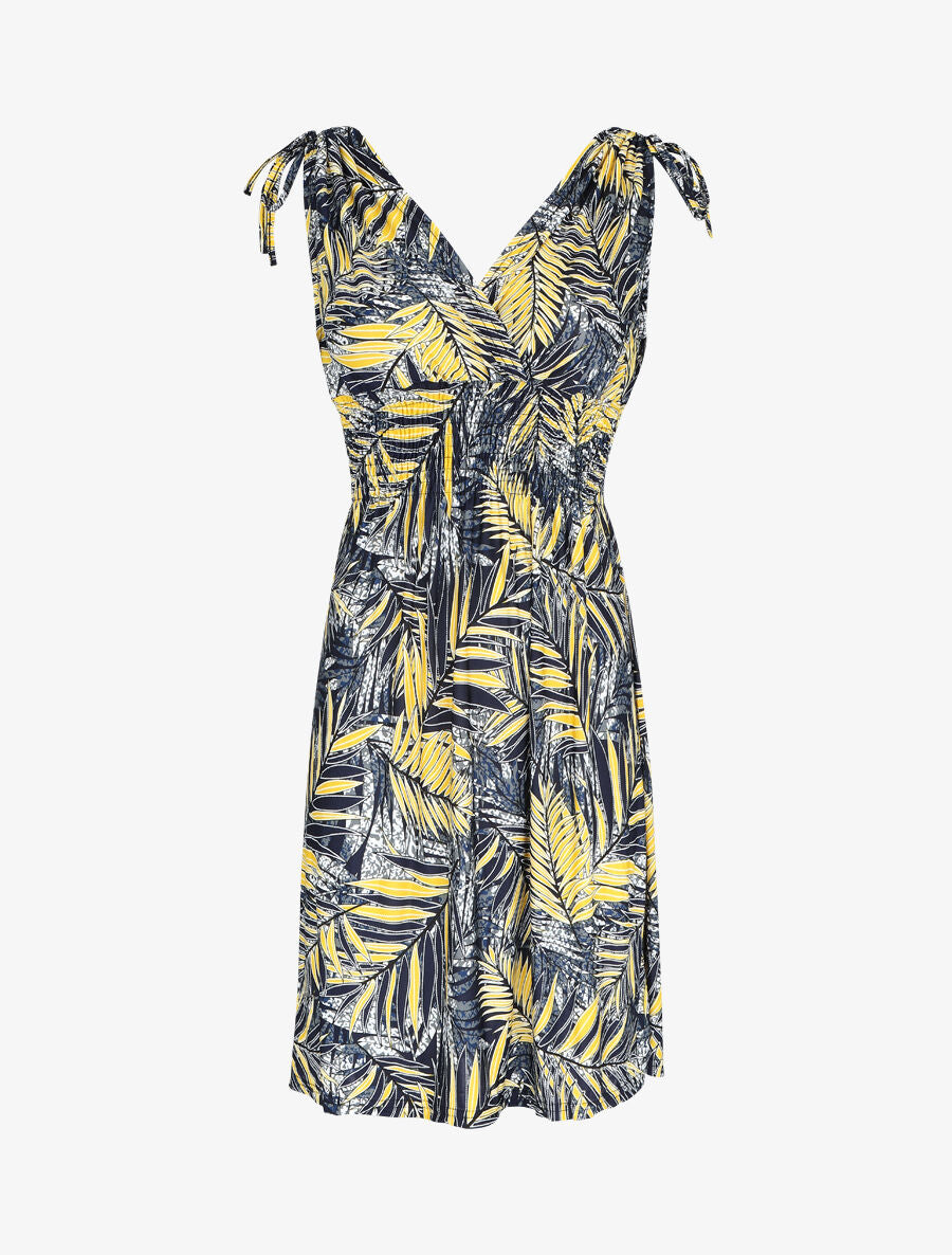 Robe mi-longue élastiquée imprimé feuilles tropicales - Jaune - 5