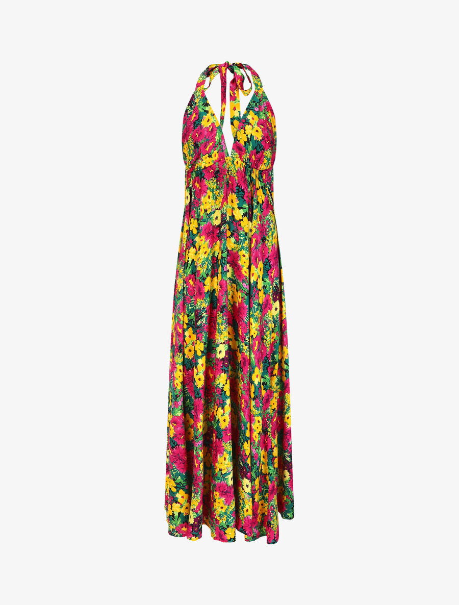 Robe longue fleurie dos nu - Jaune/fuchsia - 3