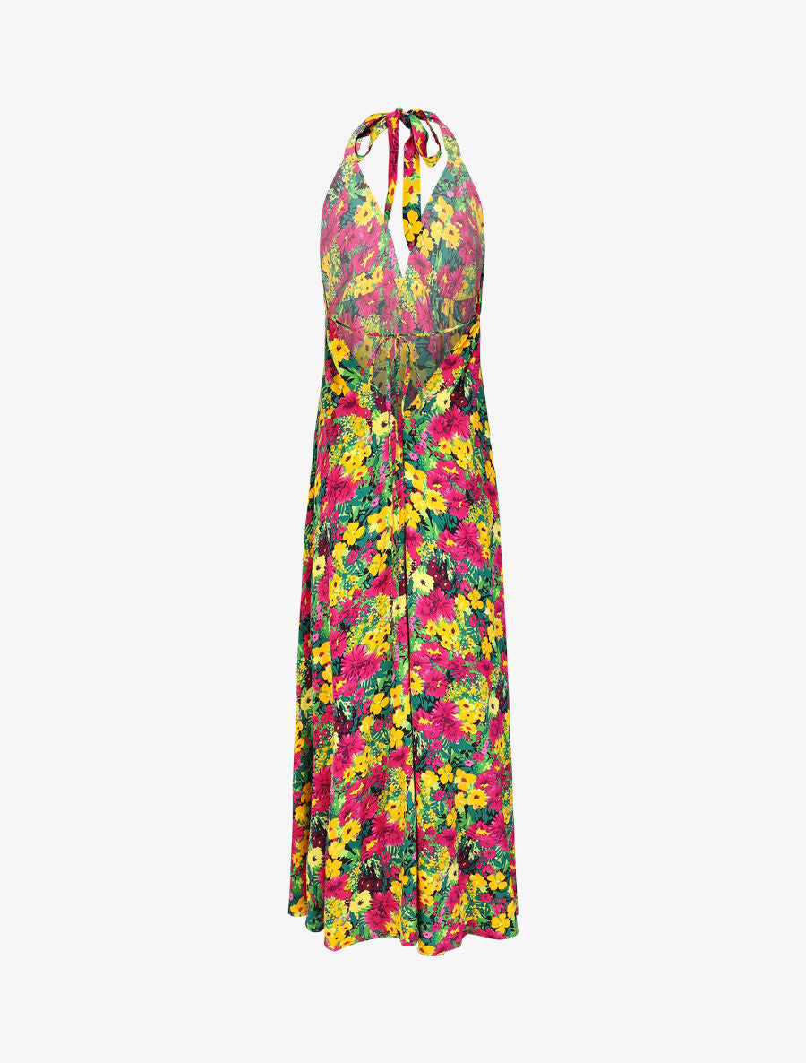 Robe longue fleurie dos nu - Jaune/fuchsia - 4