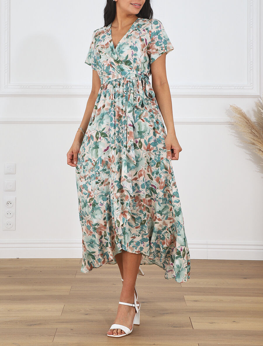 Robe longue fleurie manches courtes - Vert d&