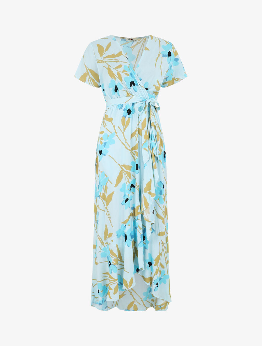 Robe longue à fleurs manches courtes - Bleu ciel - 5