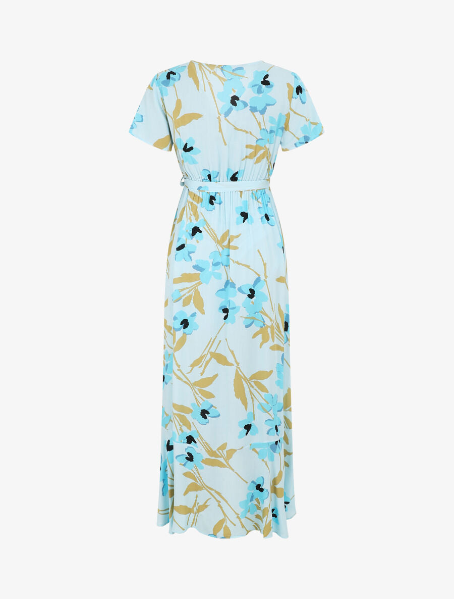 Robe longue à fleurs manches courtes - Bleu ciel - 2