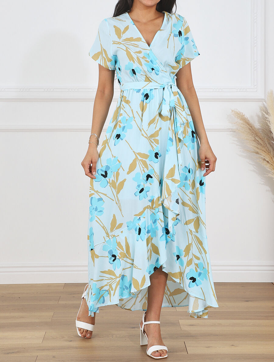 Robe longue à fleurs manches courtes - Bleu ciel - 4